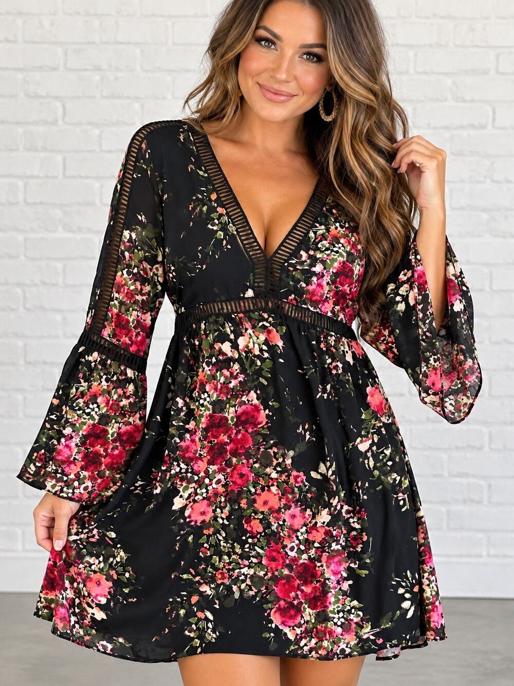 LOVESTITCH Women’s S Black Pink Floral Boho Mini Dress Bell Sleeve V Neck